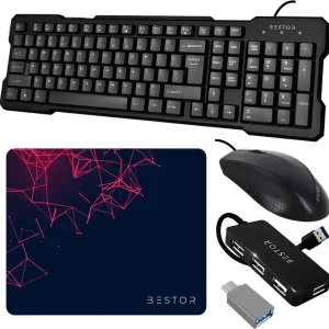 USB Wired Keyboard,Wire Mouse,Mouse Pad,typeC converter,4port HUB Combo Set (Black)